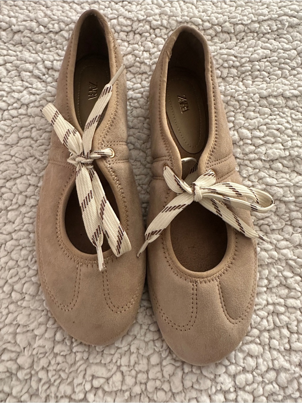 Zara Women's Beige Suede Bow Tie Flats - Size 40